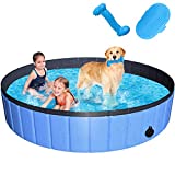 JUOIFIP Foldable Dog Pet Pool 63"x12" XXL Portable Pet Swimming Pool Kiddie Pool for Pets Hard Plastic Pet Bath Tub Indoor Outdoor Pool for Pets Large Dogs Cats and Kids (Bonus Brush+Chew Toy)