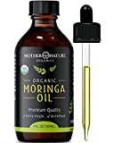 Moringa Oil Organic USDA Certified Cold Pressed, 100% Pure Carrier Oil For Hair, Face, Body, and Lip Lotion For Dry Skin, Natural Makeup Remover, Vitamin C Serum, 4 Ounce Glass Bottle with Dropper