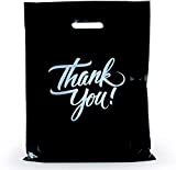 InfinitePack 100 Pieces Black Thank You Merchandise Bags 12x15, Die Cut Handles, Retail Shopping Bags for Boutique, Goodie Bags, Gift Bags Bulk, Favors, 2.35 Mil Reusable Plastic Bags