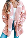 Sidefeel Women Star Open Front Fuzzy Fleece Hooded Cardigan Coat Oversized Outwear XL Pink