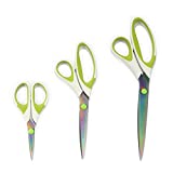 BambooMN Titanium Softgrip Scissors Set for Sewing, Arts, Crafts, Office - 1 Set of 3 - White w/Green Inlays