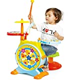 Prextex Electric Toy Kids Drum Set with Working Microphone, Lights, Adjustable Sound, Bass Drum, Pedal, Drum Sticks and Little Chair - All Included