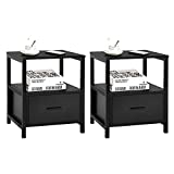 VECELO Nightstand Set of 2 with Drawer Modern Square End Side Table for Storage Open Shelf in Bedroom, Living Room, Small Space, Stable Metal Frame, Black, 2 Pack
