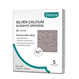 Dimora Ag Silver Calcium Alginate Wound Dressing Pads, 4'' x 4'' Patches, 5 Individual Pack, Highly Absorbent Dressing, Non-Stick Sterile Gauze