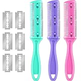 3 Pieces Razor Comb with 10 Pieces Razors, Hair Cutter Comb Cutting Scissors, Double Edge Razor, Hair Thinning Comb Slim Haircuts Cutting Tool (Green, Purple, Pink)