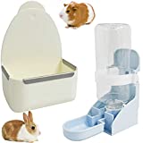 kathson Rabbit Food Bowl and Water Bottle Hanging Water Automatic Dispenser Small Animal Hay Dish Plastic Cage Feeder for Bunny Guinea Pig Chinchilla Hamster Hedgehog Ferret 2PCS (White)