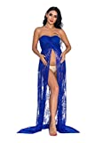 ZIUMUDY Women's Strapless See Through Lace Maternity Photography Gown Split Front Tube Dress (Small, Blue)