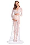 MYRISAM Boudoir Maternity Long Sleeve Lace Dress Sexy Women Deep V-Neck Wedding Baby Shower Dress Milk Bath Photoshoot Gown White XL