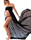 JustVH Maternity Chiffon Off Shoulder Gown Front Split Maxi Photoshoot Photography Dress Black