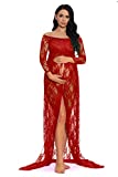 ZIUMUDY Off Shoulder Long Sleeve Lace Maternity Gown Split Front Maxi Photography Dress (X-Large, Red)