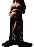 Maternity Off Shoulder Lace See-Through Maxi Photography Dress for Photo Shoot Size S (Black)