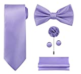 TIE G 5pcs Tie Set in Gift Box : Solid Color Necktie, Satin Bow Tie, Pocket Square, Lapel, Cuff Links (Lilac/Violet)