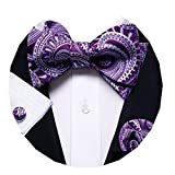 YOHOWA Purple Self Tie Bow Tie and Pocket Square Set for Men Silk Bow Tie Cufflinks Set