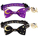 2 PCS Breakaway Cat Collar with Bow Tie and Bell Golden Moon Glowing Star in The Dark for Kitten(Black&Purple)