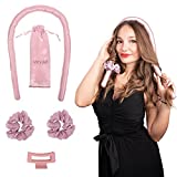 Heatless Curls Roller with Scrunchies and Clip - Pink Curling Headband with Soft Cotton Interior - 100% Silk Ribbon Wrap Healthy Overnight Curls Long Medium Hair - Lightweight Flexible Band with Bag