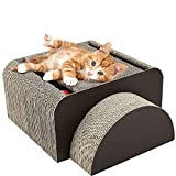 Pawaboo 2-in-1 Cat Scratcher Board, Multifunctional Rectangle Cat Scratching Corrugated Paper Scratch Pad Cardboard Cat Toy with Built-in Round Bell Ball for Cat Kitty Kitten, Brown