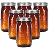 Eleganttime Amber Glass Mason Jars 32 oz Wide Mouth with Airtight Lids and Bands 6 Pack Large Glass Canning Mason Jars with Lids Quart Wide Mason Jars,Great for Canning jar pickle fermenting jam jar