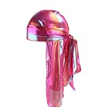 Unisex Deluxe Silky Durag Extra Long-Tail Headwraps Pirate Cap 360 Waves Du-RAG (Rose Red 1pc)