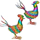 Kircust Garden Sculpture & Statues, Metal Rooster Decor with Solar Lights, Colorful Chicken Yard Art Lawn Ornaments, Animal Garden Art Sculptures for Outdoor Patio Backyard, Set of 2