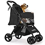 Pet Stroller for Cat Dog - 4 Wheels Foldable Traveling Lightweight Animal Gear Carriage for Small Medium Size Dogs & Cats Rabbit with Storage Basket (Black)