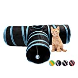 Alicedreamsky Cat Tunnel, Collapsible Tube with 1 Play Ball Kitty Toys, 3 Ways Cat Tunnels for Indoor Cats, Puppy, Kitty, Kitten, Rabbit (Black and Blue)