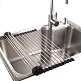 Roll up Dish Drying Rack RV Folding Over Sink 304 Stainless Steel in Kitchen Dish Drainer Heat Resistant Mat Multipurpose Portable Dish Trainer (17x11.8'')