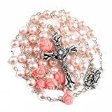 Catholic Pink Pearl Beads Rosary Necklace By Nazareth Store 6pcs Our Rose Flowers, Lourdes Medal & Cross NS