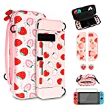 LASTYAL Hard Pink Carry Case Set Compatible with Nintendo Switch, Strawberry Pattern Accessories for Switch with Protective Shell, Screen Protector, Thumb Grip Caps, Adjustable Strap