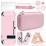 BRHE Cute Travel Carrying Case for Nintendo Switch / Switch OLED Accessories Kit with Hard Protective Cover, Glass Screen Protector, Adjustable Stand and Thumb Grip Caps 10 in 1 （Switch Pink