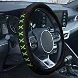 FH Group FH2022 Universal 15 Inch Green Genuine Leather Steering Wheel Cover with Lace-Up Detailing