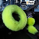 Younglingn Car Steering Wheel Cover Gear Shift Handbrake Fuzzy Cover 1 Set 3 Pcs Multi-Colored with Winter Warm Pure Wool Fashion for Girl Women Ladies Universal Fit Most Car (Grass Green)