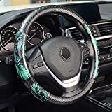 KAFEEK Steering Wheel Cover,Universal 15 inch, Microfiber Leather and Breathable Carbon Fiber, Anti-Slip, Odorless, Green Tropical Rainforest