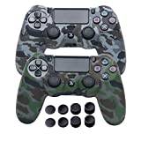 PS4 Controller Covers - Silicone Skin for DualShock 4 - Water Printed Protector Case Set for Sony PS4, PS4 Slim, PS4 Pro - 2 Pack Camo PS4 Accessories- 4 Pairs PS4 Controller Grips - Gray & Green