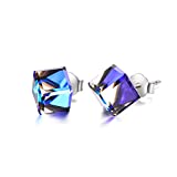 Hypoallergenic Sterling Silver Cube Stud Earrings with Blue Aurora Crystals from Austria Valentines Day Gifts for Her Fine Jewelry Gifts for Women Girls (Blue)
