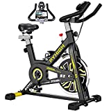 PYHIGH Indoor Cycling Bike Stationary Exercise Bike, Comfortable Seat Cushion, Ipad Holder with LCD Monitor for Home Cardio Workout Bike (Yellow)