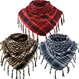 3 Arab Plaid Fringe Scarves Shemagh Keffiyeh Head Neck Scarf with Tassel for Tactical Outdoor Camping Accessory Unisex (Red, Sand Color, Grey)