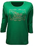 ID ISAAC'S DESIGNS Christmas Sleigh Sled Rhinestone and Stud Embellished Green 3/4 Sleeve Shirt (XL)