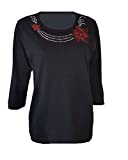 ID ISAAC'S DESIGNS Christmas Poinsettia Rhinestone Bling Cotton/Poly Scoop Neck Black Shirt