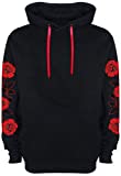 Men's Red Rose Hoodie Roses On Sleeve Hip Street Urban Fashion Hooded Sweatshirt - Black - Small