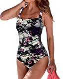 Upopby Women's Vintage Tummy Control One Piece Swimsuits Monokini Printed Plus Size Swimwear Bathing Suits Purple Floral 6