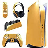 PlayVital Chrome Gold Glossy Full Set Skin Decal for PS5 Console Disc Edition, Sticker for PS5 Vinyl Decal Cover for Playstation 5 Controller & Charging Station & Headset & Media Remote