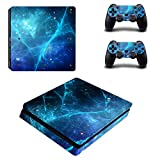 eXtremeRate Full Set Faceplate Skin Decals Stickers and 2 Led Lightbar for Playstation 4 Slim/for PS4 Slim Console & 2 Controller Decal Covers - Blue Galaxy