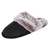 Jessica Simpson Women's Comfy Faux Fur House Slipper Scuff Memory Foam Slip on Anti-Skid Sole, Black, Large