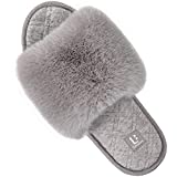 LongBay Women's Fuzzy Faux Fur Memory Foam Cozy Flat Spa Slide Slippers Comfy Open Toe Slip On House Shoes Sandals (X-Large/11-12, Gray)