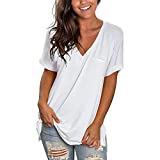 Davenil Women V Neck T Shirts Casual Loose Fit Side Split Shirts Short Sleeve Summer Tunic Tops White Size S