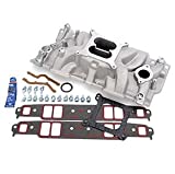 JEGS Small Block Chevy 1955-1986 Intake Manifold Kit | Idle - 5500 RPM Power Range | Cast Aluminum | Square Bore Carburetor Mounting Pad | Includes Manifold, Gasket Set, Blue RTV, And Hardware