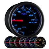 GlowShift Black 7 Color 30 PSI Turbo Boost / Vacuum Gauge Kit - Includes Mechanical Hose & T-Fitting - Black Dial - Clear Lens - for Car & Truck - 2-1/16" 52mm