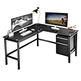 Superday L Shaped Computer Desk with Drawers, Black Large Glass Table Top Workstation and Metal Frame for Home Gaming ,Study and Working