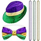 5 Pieces Mardi Gras Accessory Set Party Favors Sequin Fedora Hat Sequin Bow Tie Colorful Bead Necklace Mardi Gras Costume for Party Decoration Supplies