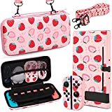 Pink Strawberry Pattern Protective Case and Carrying Case Compatible with Nintendo Switch, Soft Slim Case Cover for Console and Controllers, Hard Shell Travel Carrying Bag with 12 Game Card Slots